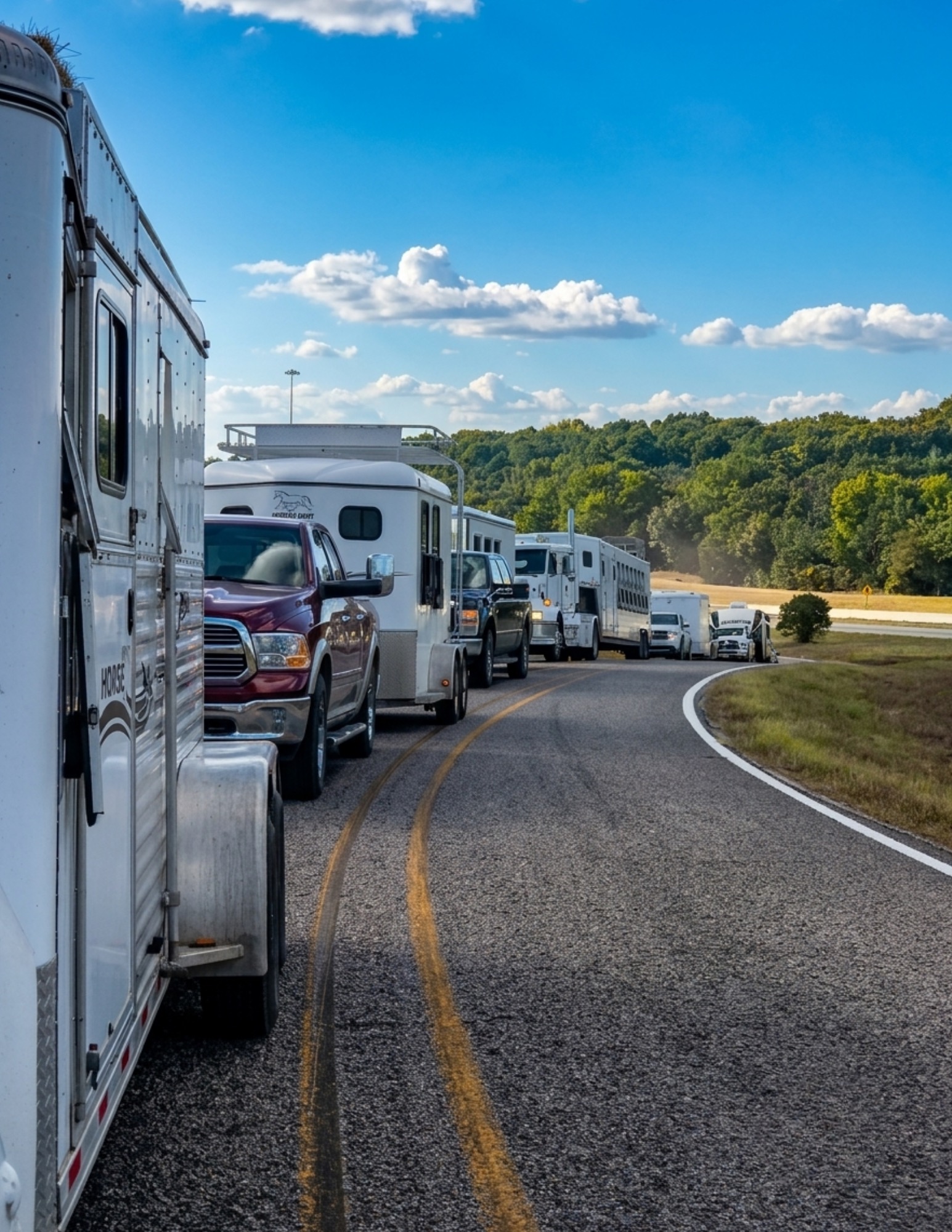 Horse trailers waiting near an inspection stop