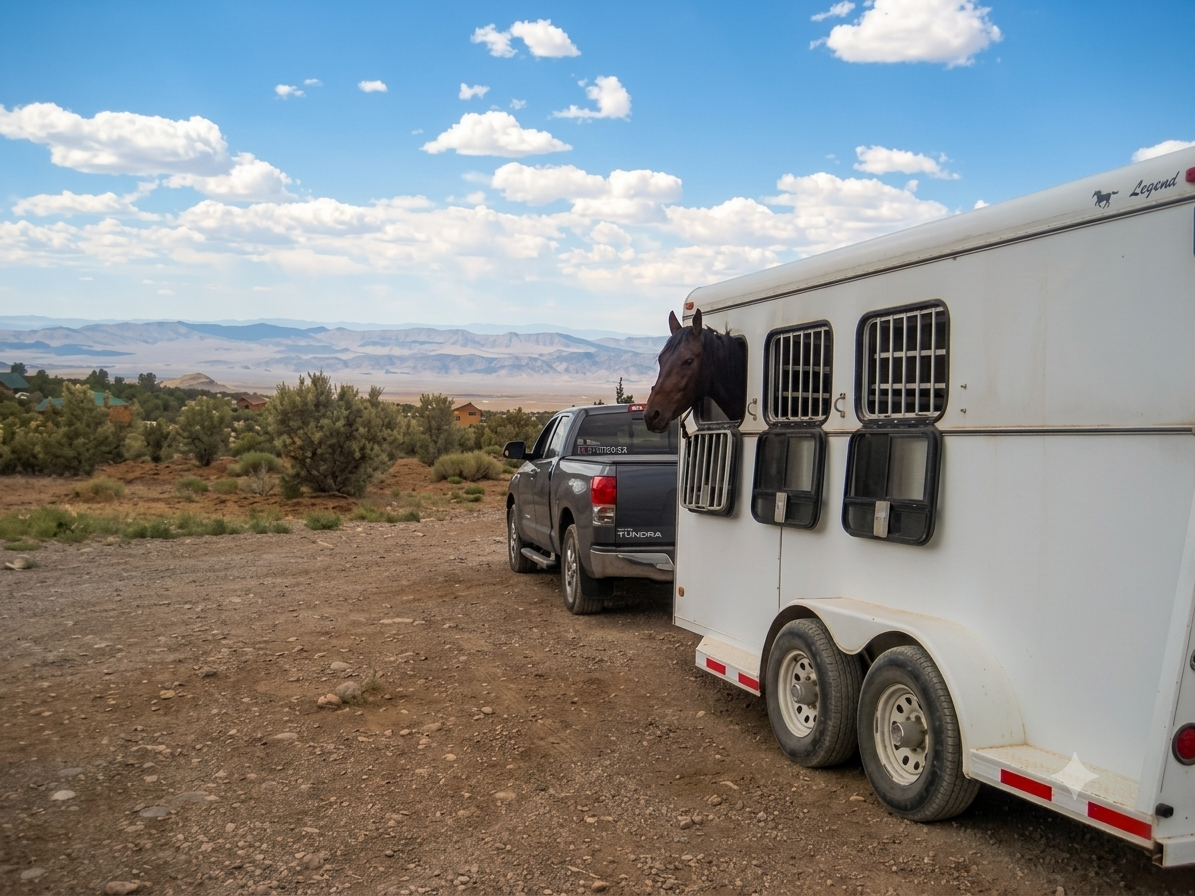 Horse looking out of a trailer in open country